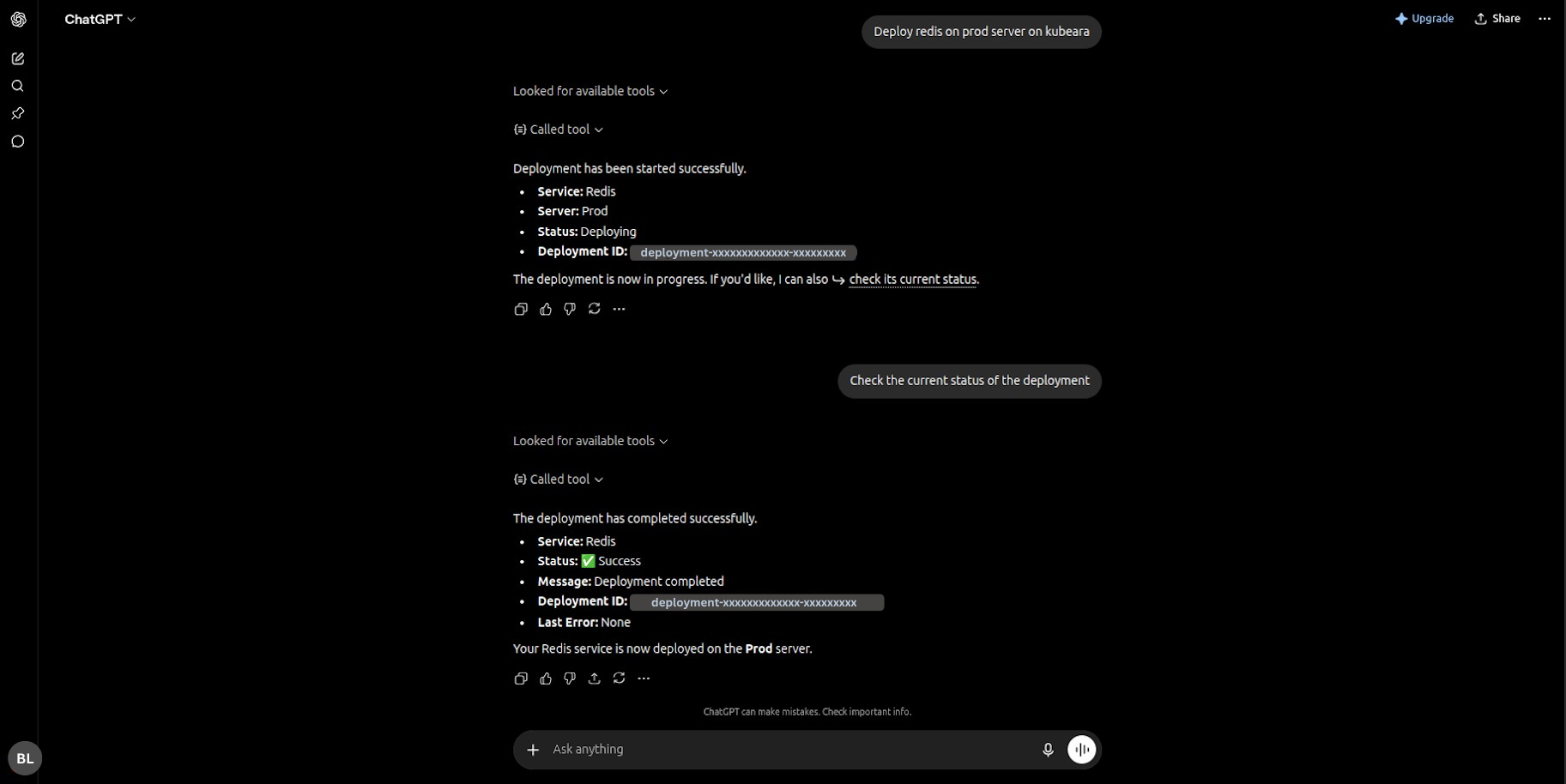 ChatGPT with Kubeara MCP connected